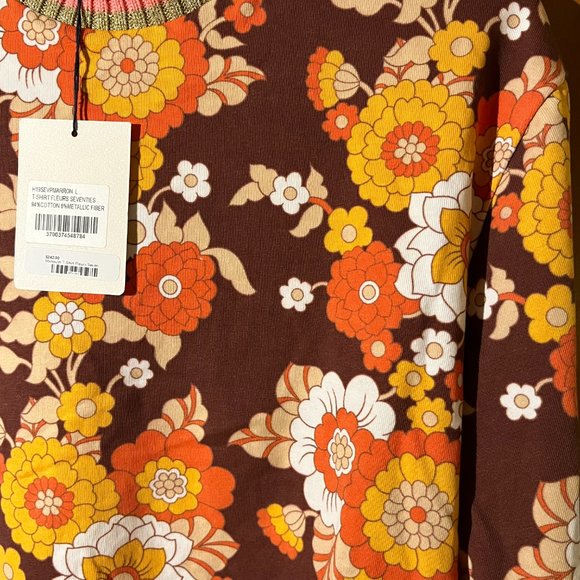 Manoush NWT vintage print cotton tee. retro 70s floral, rainbow stripes. L - Picture 12 of 14